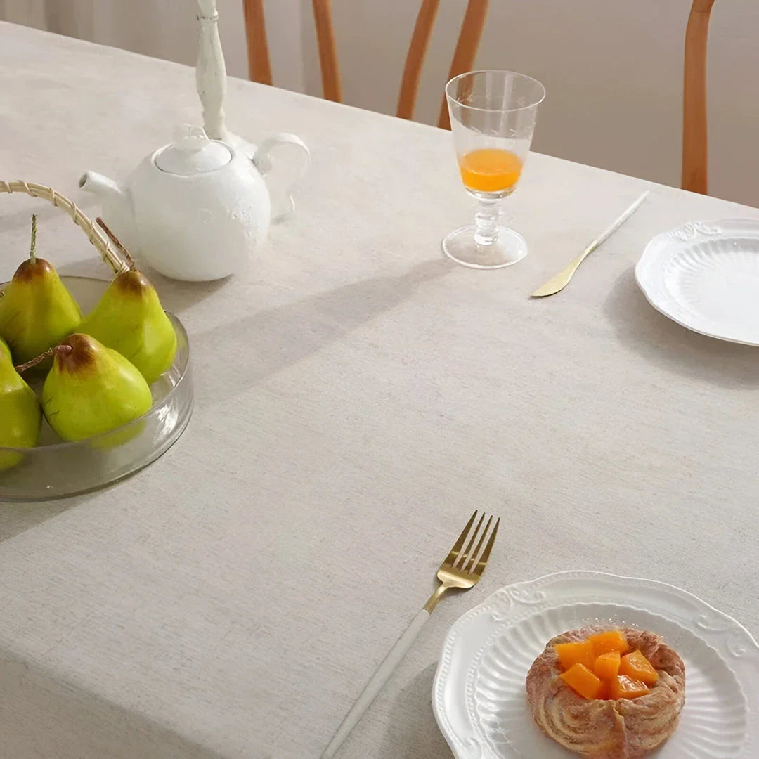 Elegant linen cotton tablecloth in natural flax colour, perfect for weddings, home parties, and dining banquets