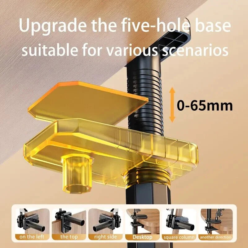 A 360-degree rotatable and adjustable tablet and phone stand with a long arm and stable support for versatile viewing