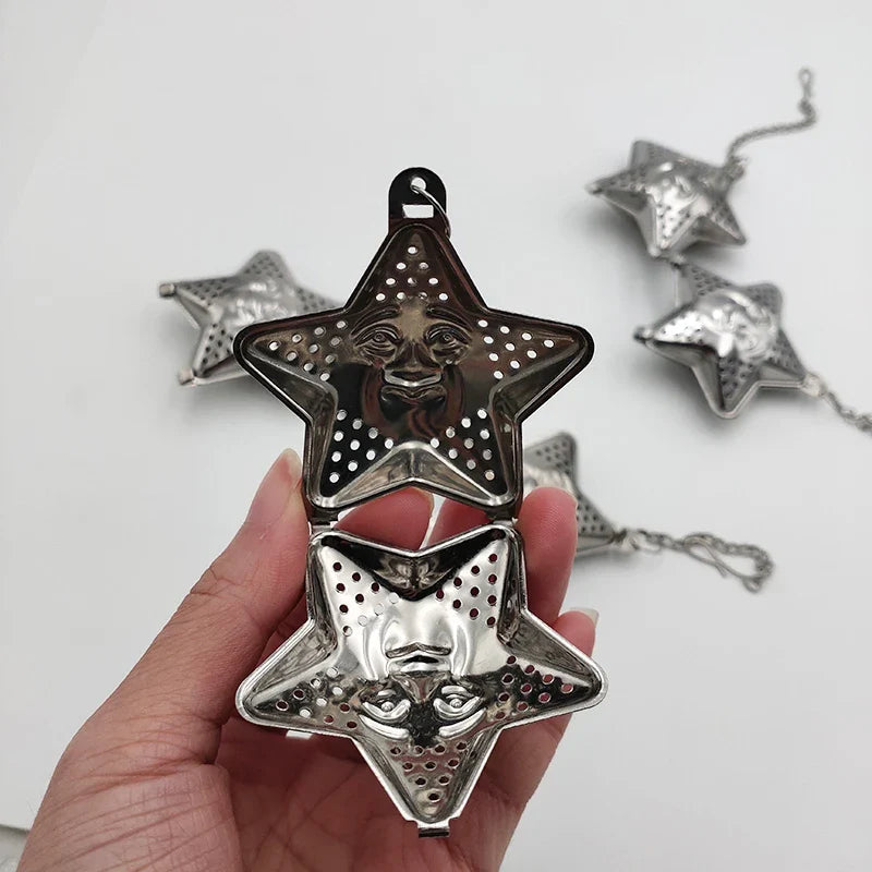 Adjustable stainless steel star-shaped tea infuser for brewing loose leaf tea with hanging mechanism
