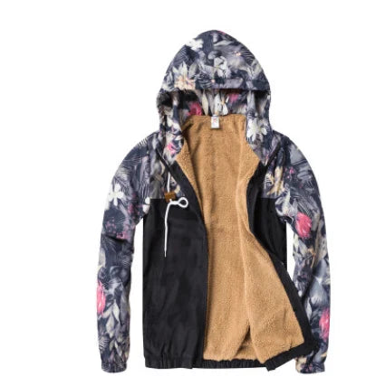 Men's slim-fit hooded jacket with camouflage print, zippered pocket, and premium chemical fibre blend fabric