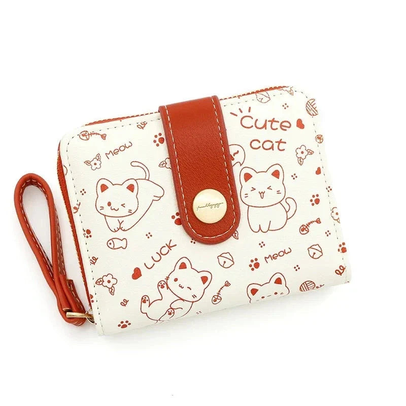Stylish cat-themed compact wallet with zippered coin pocket, card slots, and key storage