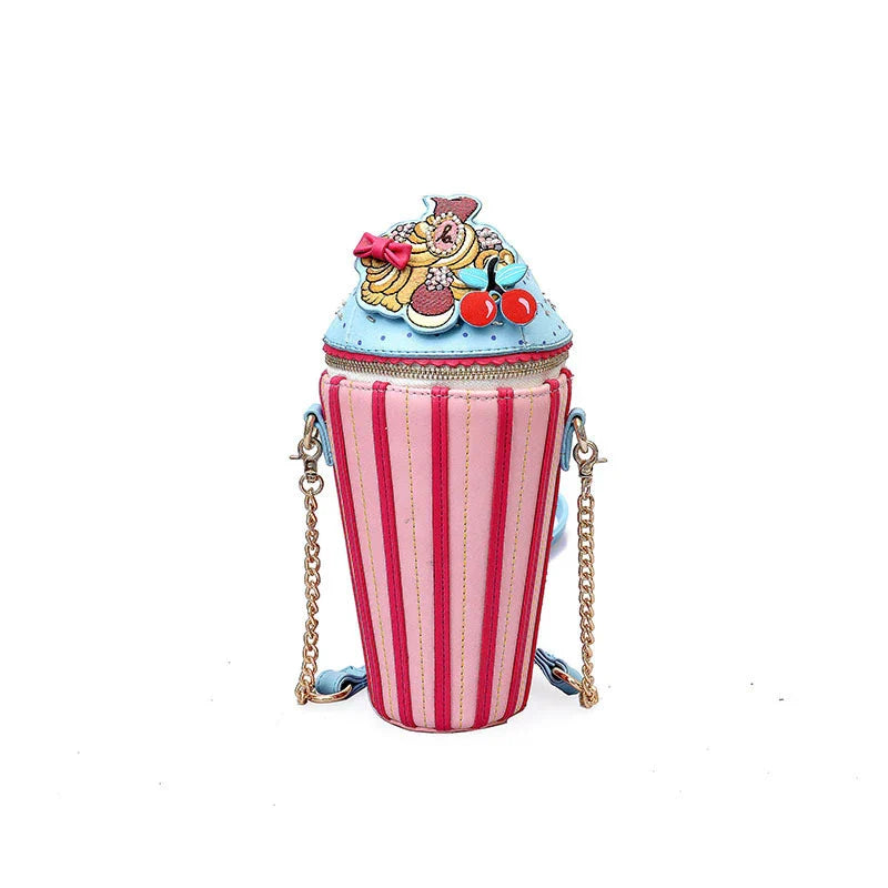 A stylish, ice cream-themed messenger bag with a vibrant print, durable PU leather construction, and a versatile bucket-style design.