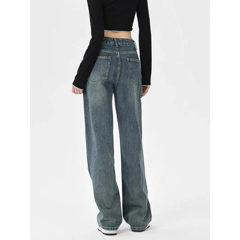 Stylish vintage-inspired high-rise straight-leg women's jeans in a distressed plaid design