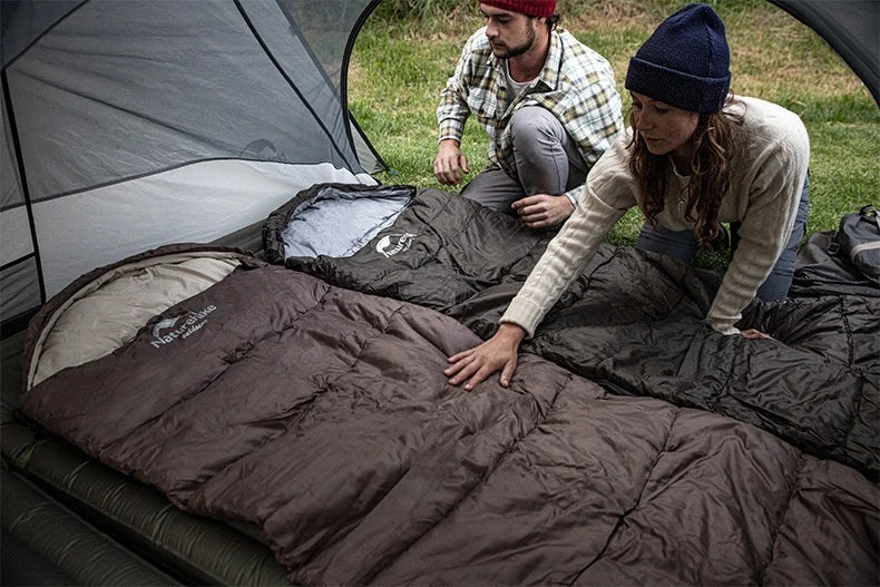 Naturehike Luxury Down-filled Sleeping Bag for Outdoor Camping in Hollow Cotton/Clay Gray, Hollow Cotton/Moxa Leaf Green, and Down Cotton/Sky Blue colours
