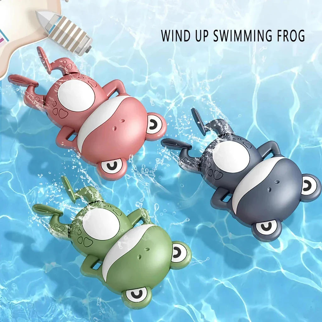 Adorable clockwork-powered frog bath toy with smooth edges for safe, fun playtime in the tub or pool