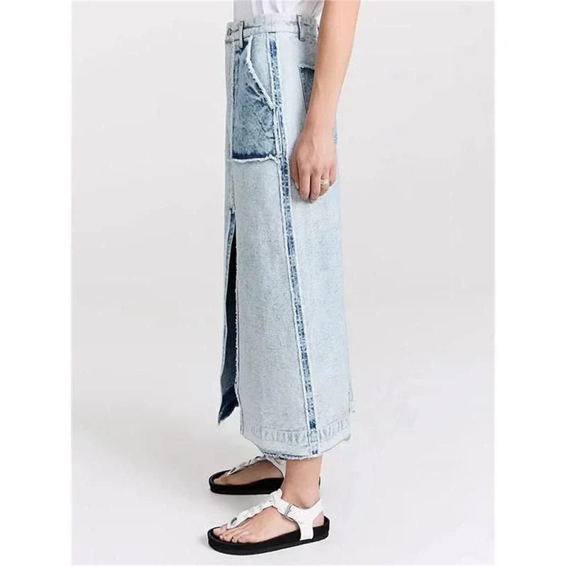 A stylish denim skirt with a split colour patchwork design, crafted from high-quality cotton for comfort and durability.