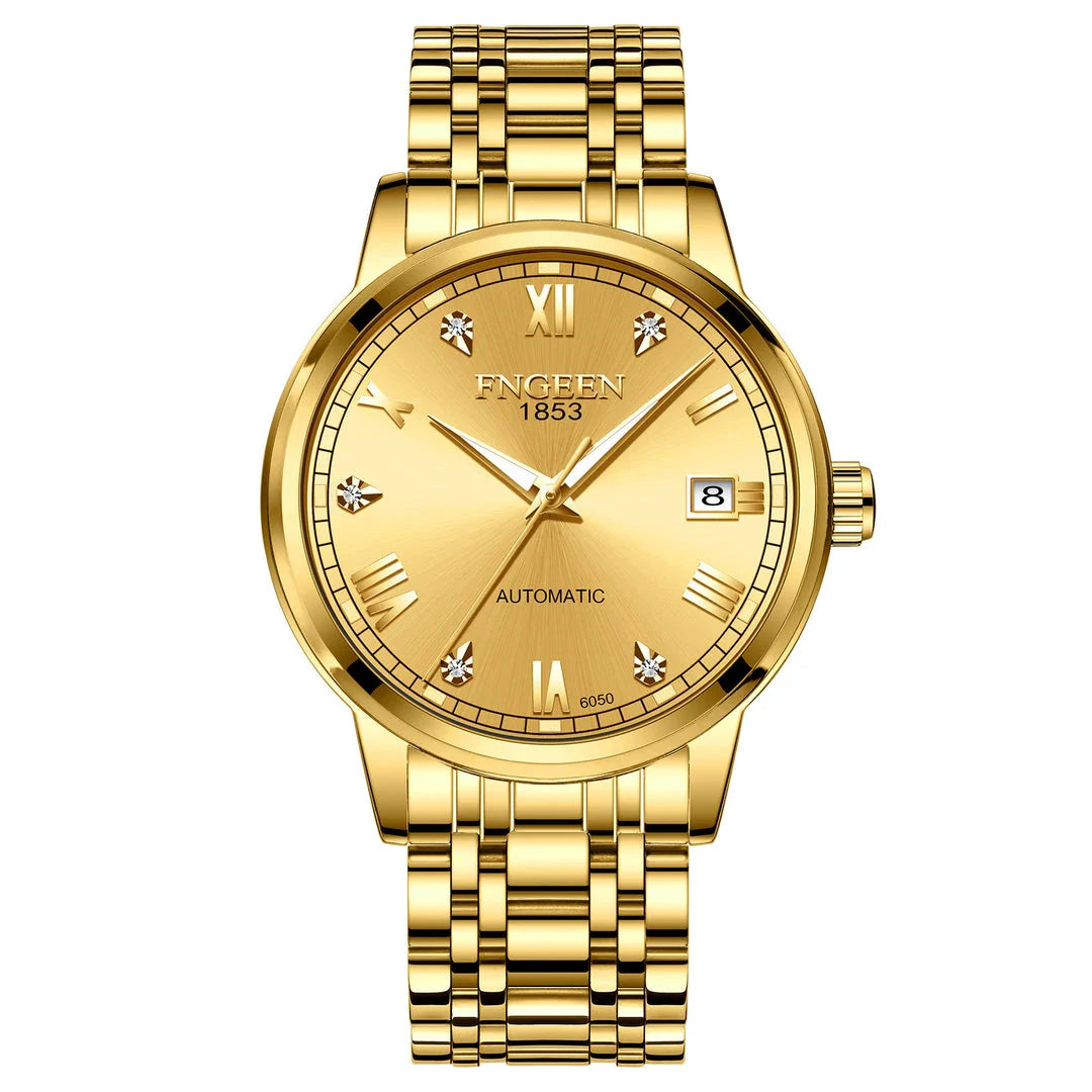 Premium automatic mechanical watch with leather strap, featuring a stainless steel case, luminous hands and markers, and a stylish British-inspired design