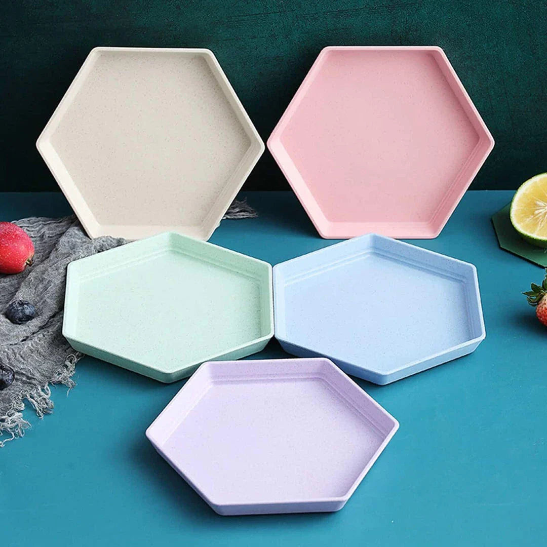 Hexagon-shaped wheat straw plate in a neutral beige colour, showcasing a modern and eco-friendly design