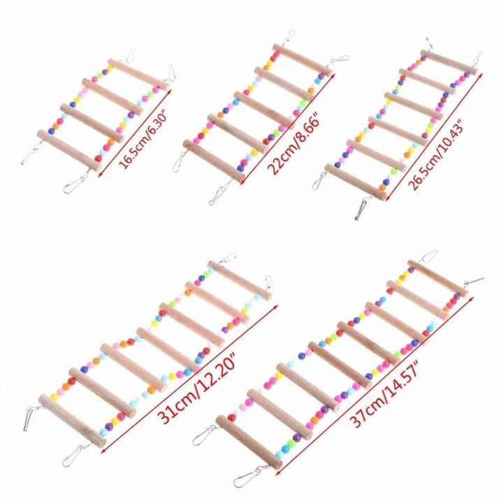 Sturdy wooden rainbow ladder with two hanging hooks, designed as a colourful climbing toy for pet birds