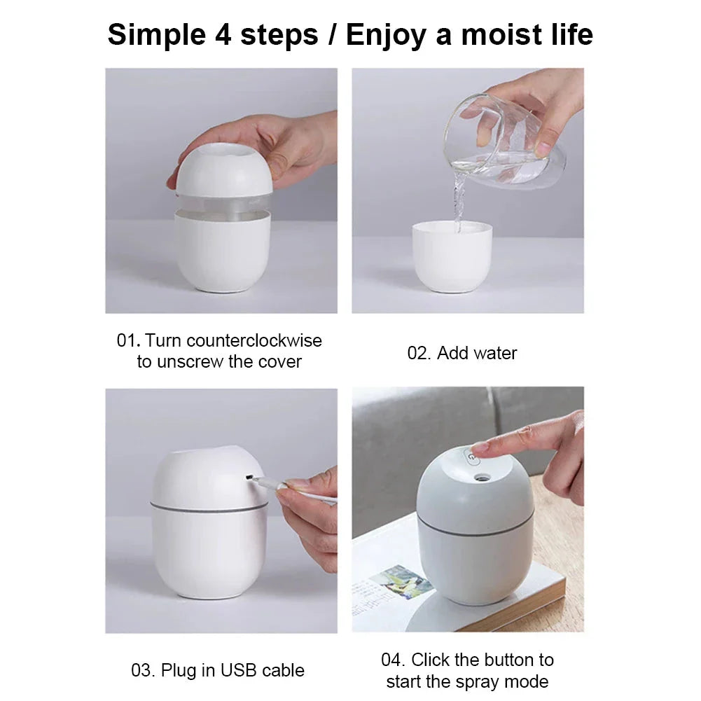 Compact ultrasonic humidifier and aroma diffuser with LED night lamp, available in white colour