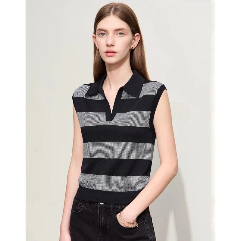Chic Summer Knit Sleeveless Sweater in a neutral striped pattern, offering a comfortable and stylish option for warm weather wear.