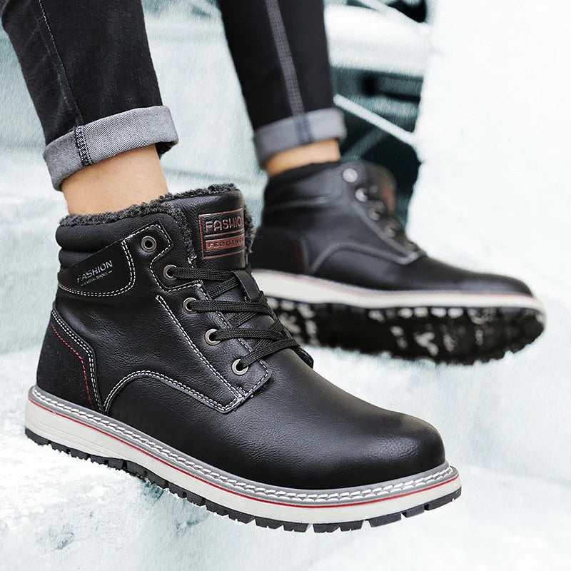 A pair of warm, comfortable men's winter boots with a plush lining and lace-up design, suitable for cold weather wear.