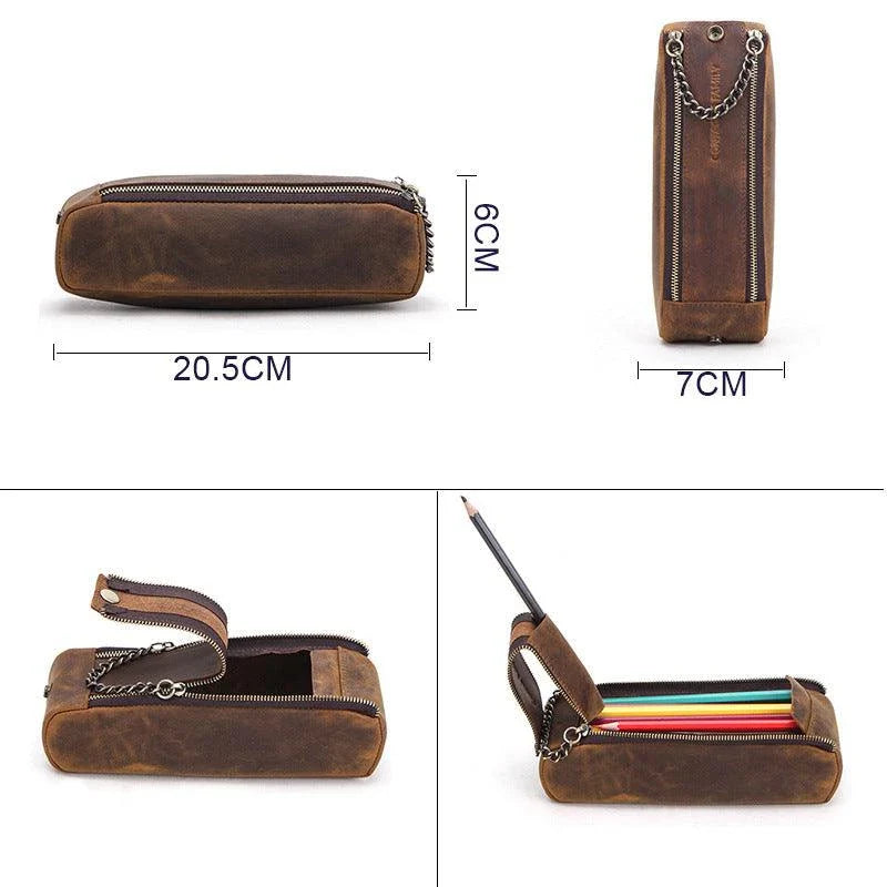 Premium Crazy Horse Leather Double-Zip Portfolio Bag with Sleek Design and Ample Storage Space