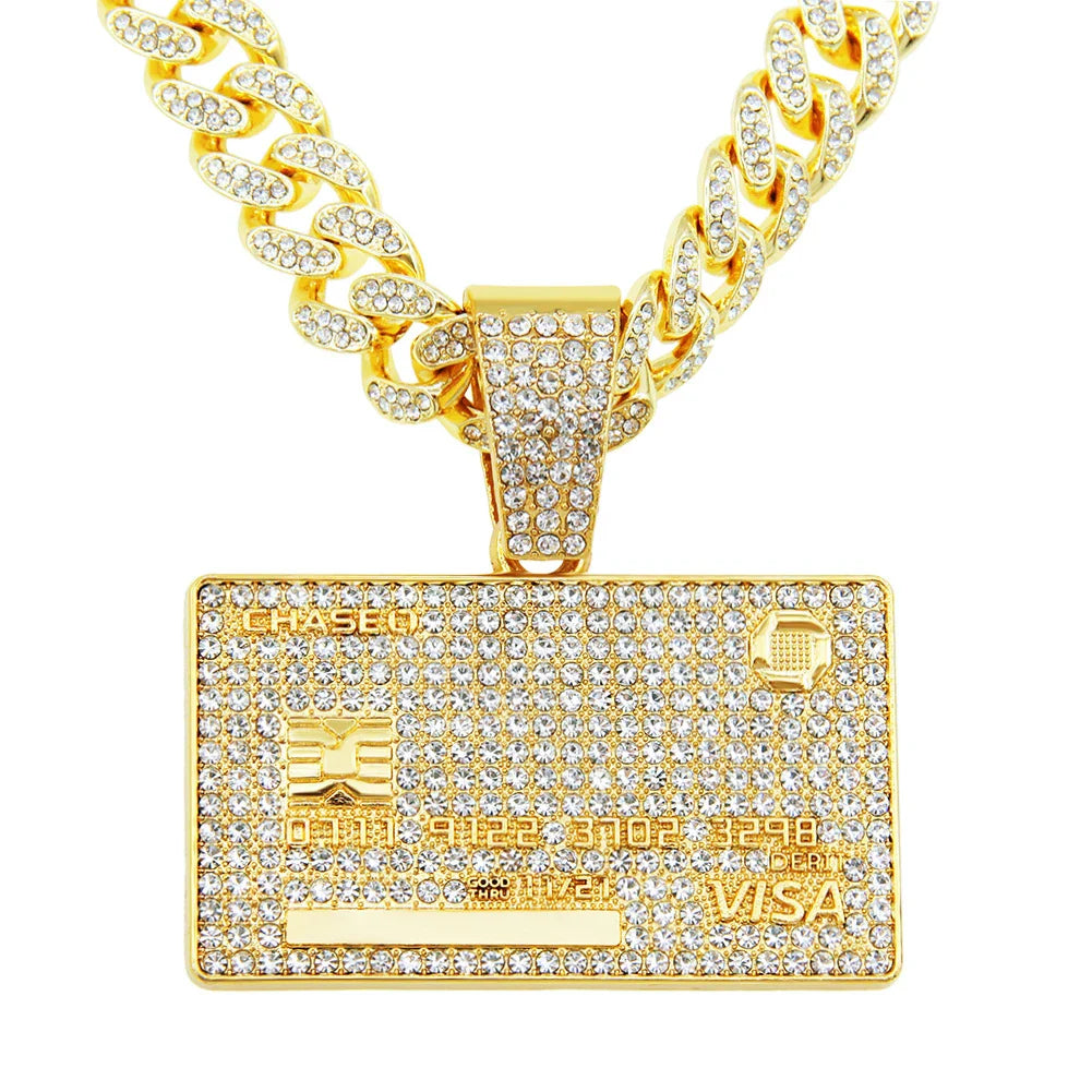 Men's Cuban Link Necklace with Geometric Hexagon Pendant and Subtle Diamond Inlay