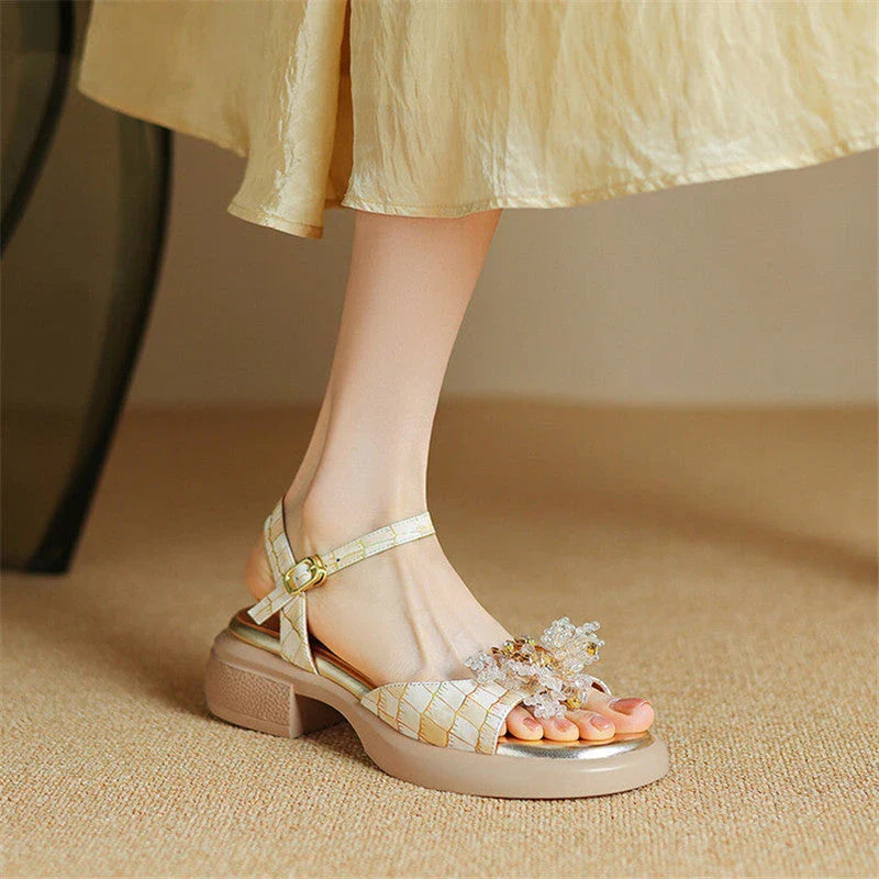 Premium genuine leather chunky heel gladiator sandals with checkered pattern and colourful bead embellishments
