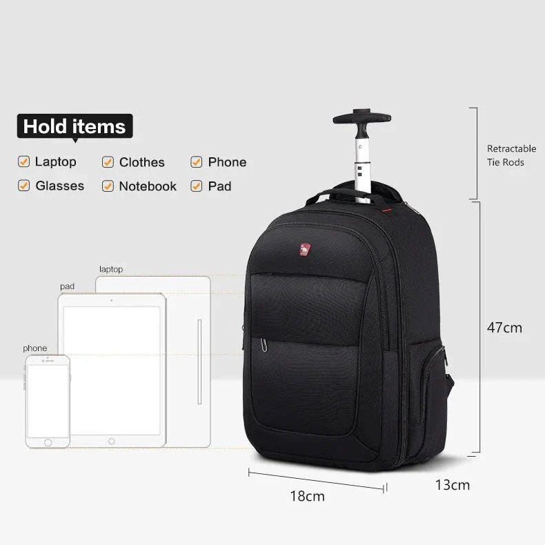 A black, multifunctional wheeled backpack with a padded laptop compartment and smooth-rolling wheels for effortless travel