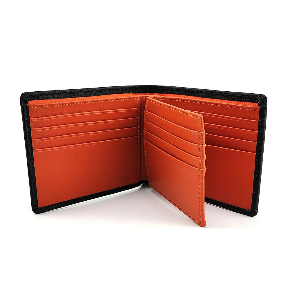 Premium Napa Leather Compact Wallet in Black and Orange Colours, Crafted in the UK for Discerning Gentlemen