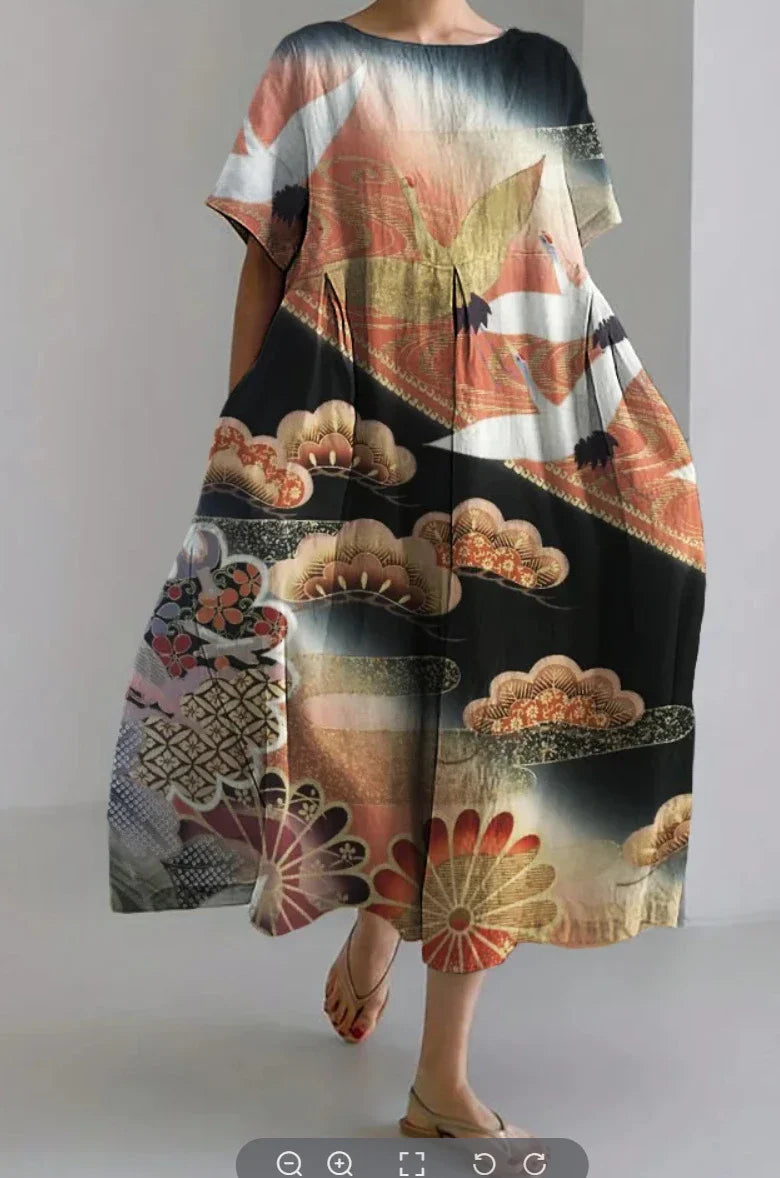 A stylish 3D floral short sleeve dress with a vibrant pattern of flowers on a black background