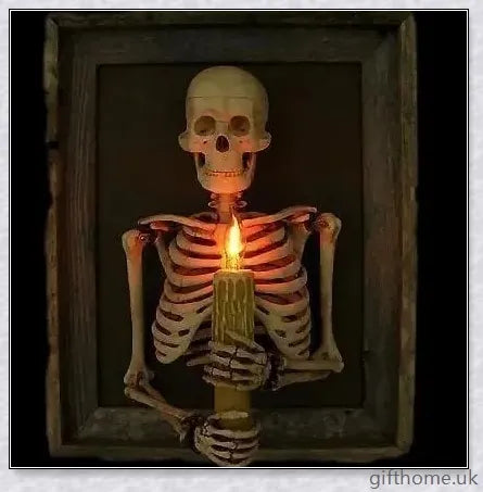Premium 3D life-size haunted house skeleton decoration with elegant candle holders, creating a mesmerising, ethereal Halloween ambiance