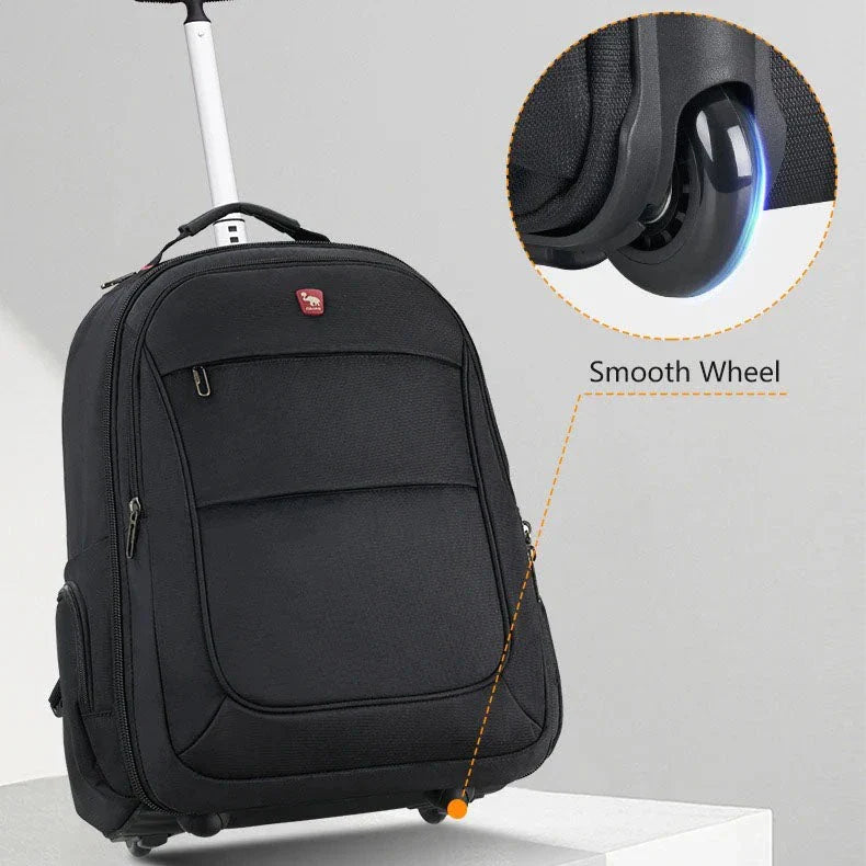 A black, multifunctional wheeled backpack with a padded laptop compartment and smooth-rolling wheels for effortless travel