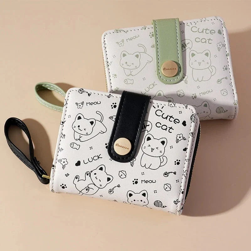 Stylish cat-themed compact wallet with zippered coin pocket, card slots, and key storage