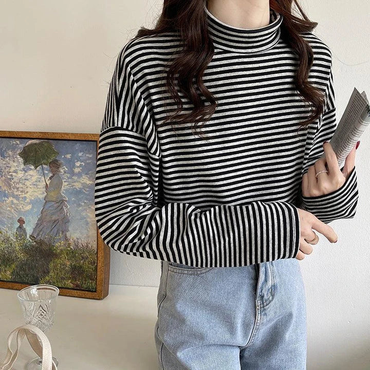 Premium half-high neck striped long-sleeve t-shirt in grey and black, made with high-quality British cotton for ultimate comfort and style.