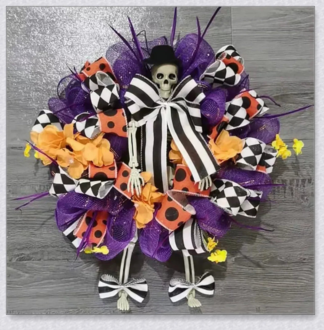 A captivating Halloween wreath featuring a purple skull design, perfect for adding eerie elegance to any home.