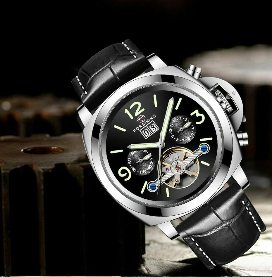 Automatic luminous skeleton watch with stainless steel case and genuine leather strap for men