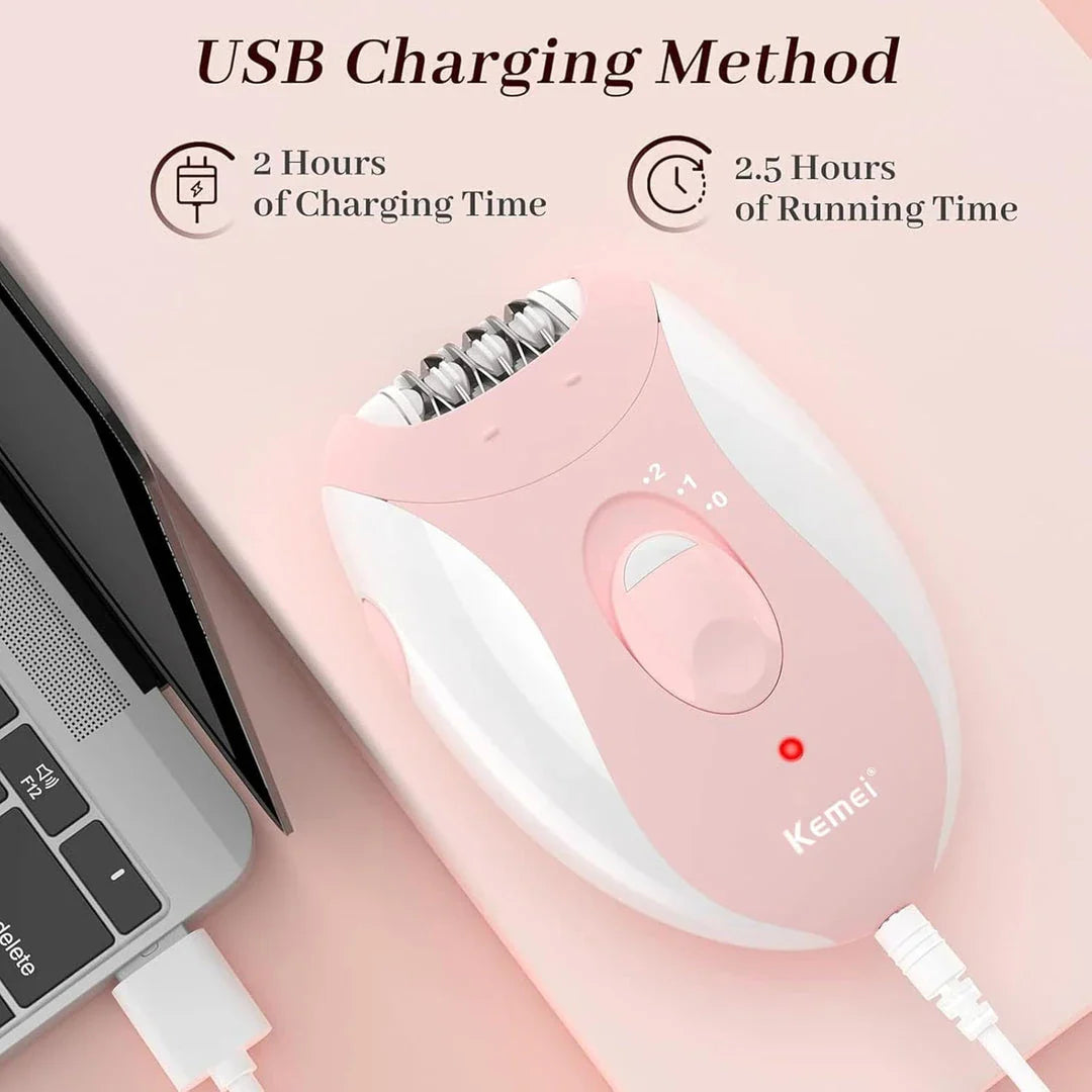 Cordless rechargeable women's epilator with pink body, designed for smooth and effortless hair removal on the face, legs, bikini area, underarms and arms