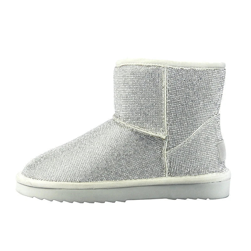 Premium rhinestone-embellished ankle boots for women, featuring a shimmering upper and durable rubber sole for winter wear