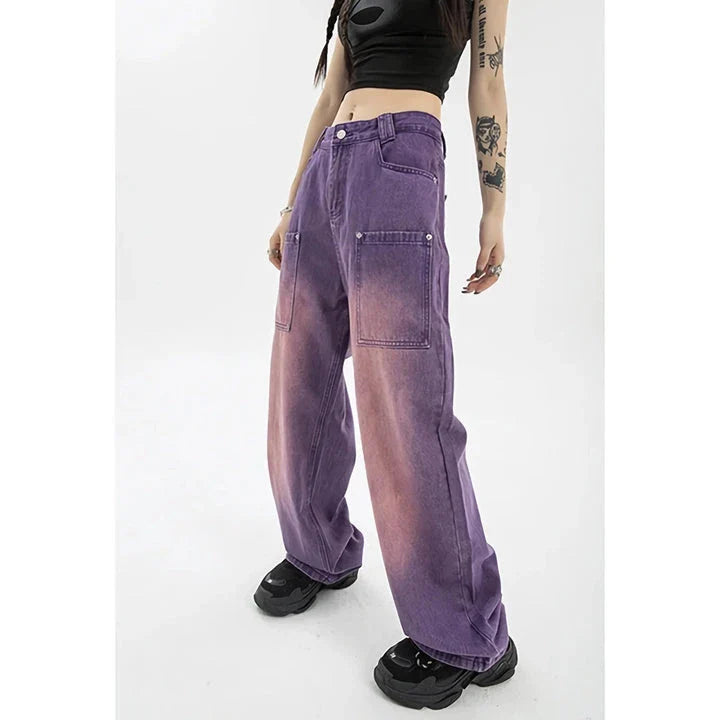 Stylish high-waist purple wide-leg jeans with elegant button details and a premium denim design