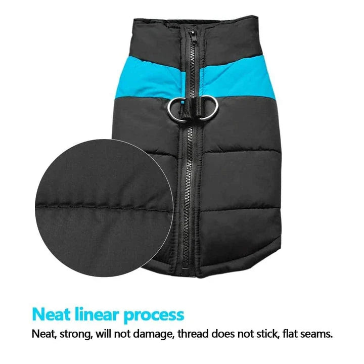 Premium waterproof dog vest with zippered closure, designed to keep your canine companion warm and dry during British autumn and winter adventures.