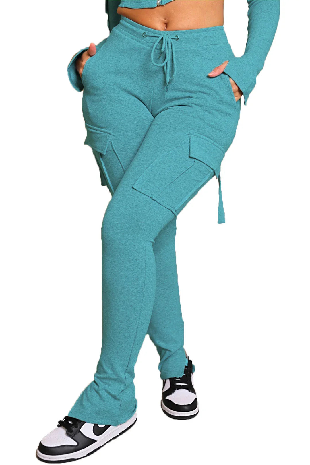 Stylish and comfortable cargo trousers with pockets, high waist, and drawstring waist for women