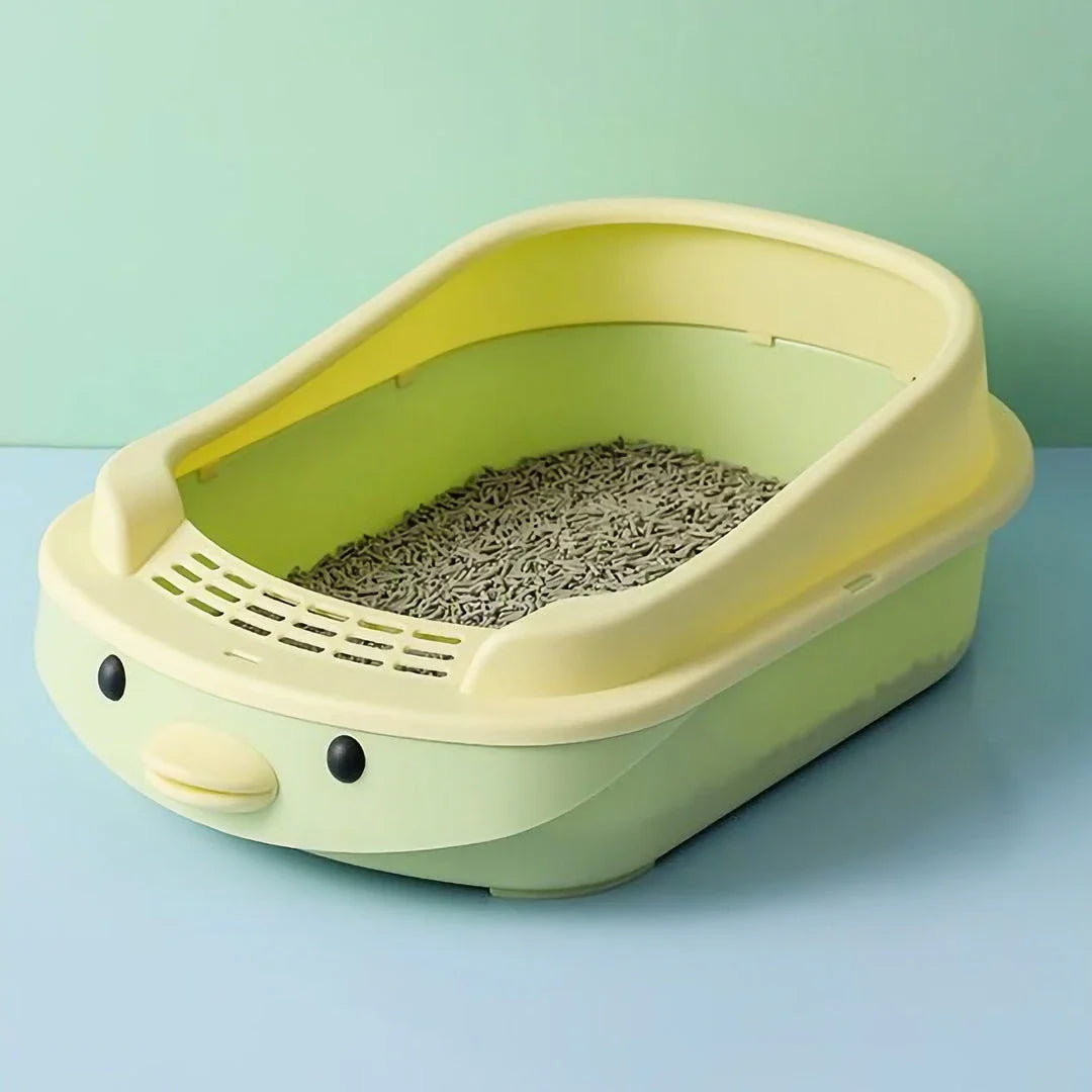 Oversized semi-enclosed cat litter box in Haze Blue colour, featuring high sides and covered top for enhanced privacy and litter containment