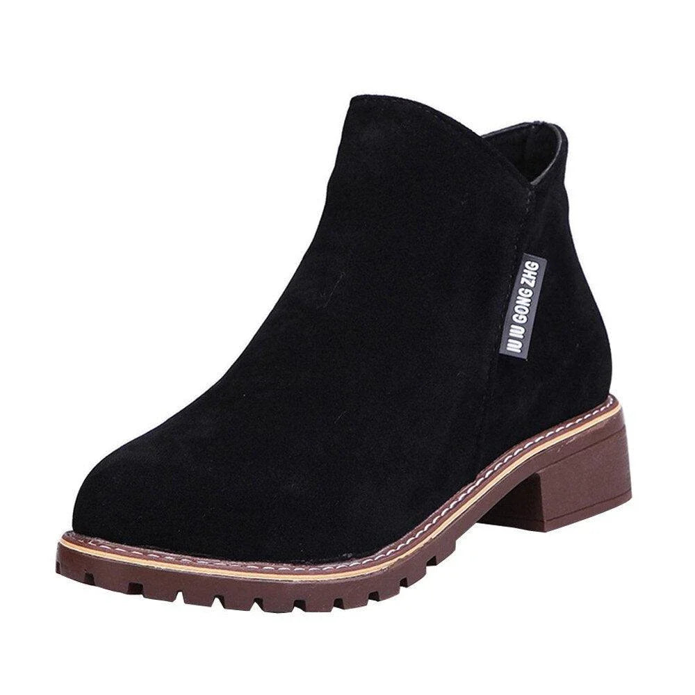 Pair of stylish low-heel frosted Martin boots in black, suitable for a variety of occasions in the UK