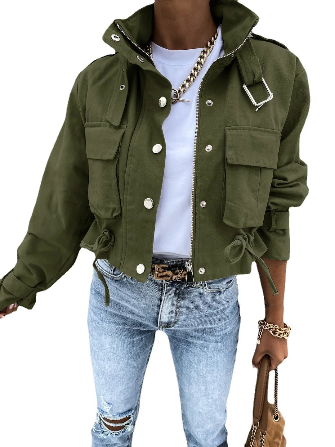 Trendha Polyester Motorcycle Jacket in Black and Army Green, available in sizes S-XL