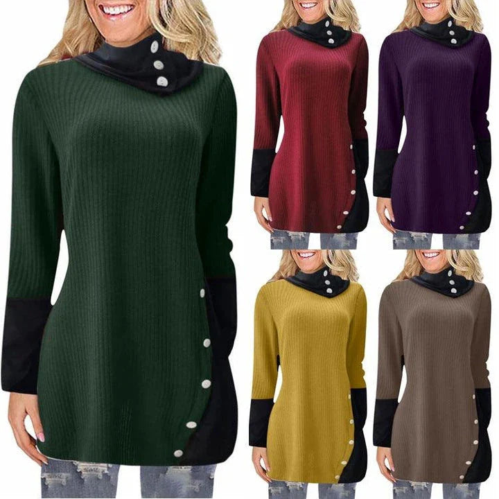 Elegant long-sleeve dress with A-line silhouette and stack collar, crafted from premium polyester for a flattering, comfortable fit
