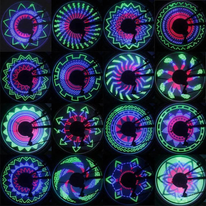 Bicycle Wheel Flashing Light with 32 LED lights in red, blue, and green colours that create a mesmerizing light show