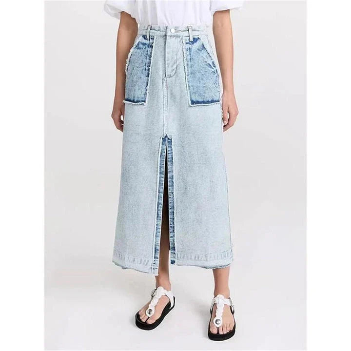 A stylish denim skirt with a split colour patchwork design, crafted from high-quality cotton for comfort and durability.