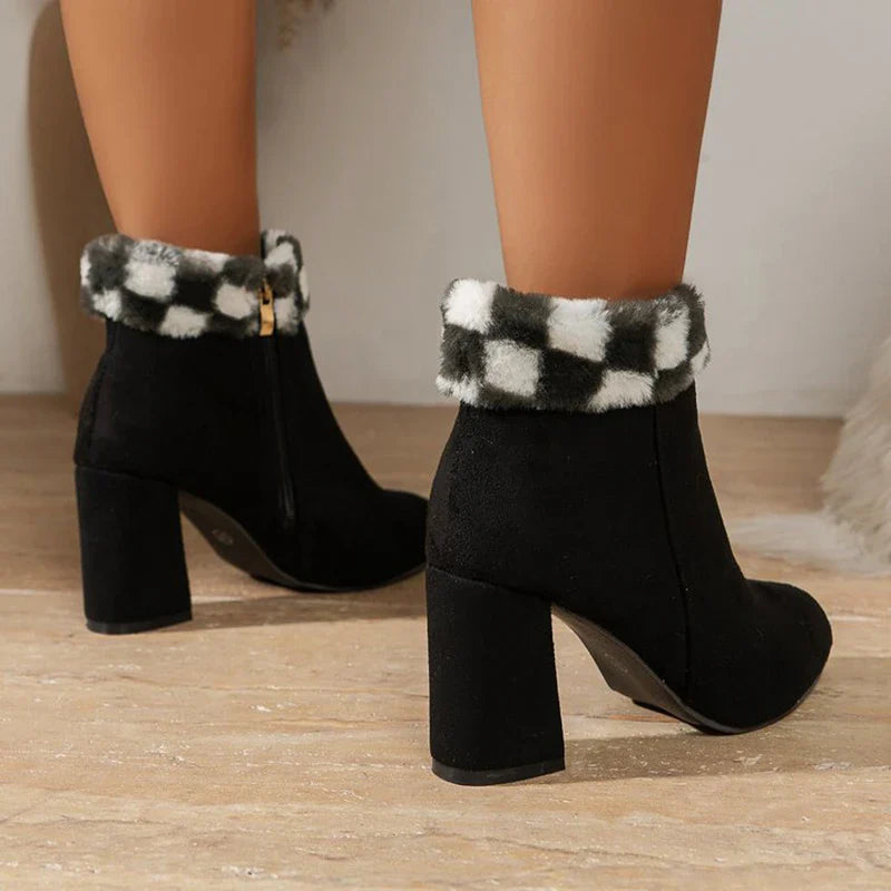 Premium plaid print ankle boots with a cosy lining, sturdy square heel, and versatile design for stylish winter wear