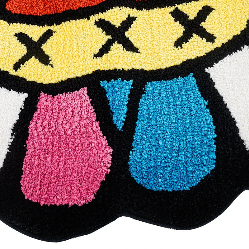Cheerful smiling face tufted carpet in pink and blue colours, a plush and comfortable home decor item