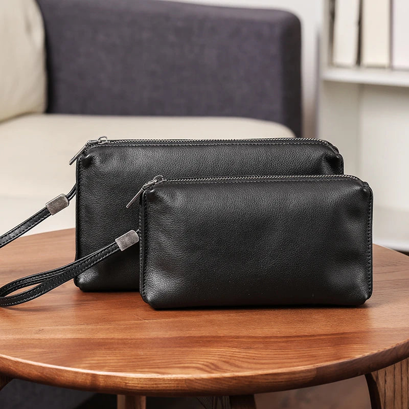 Retro Casual Men's Top Leather Wallet in Premium Cow Leather with Zipper Closure and Polyester Cotton Lining