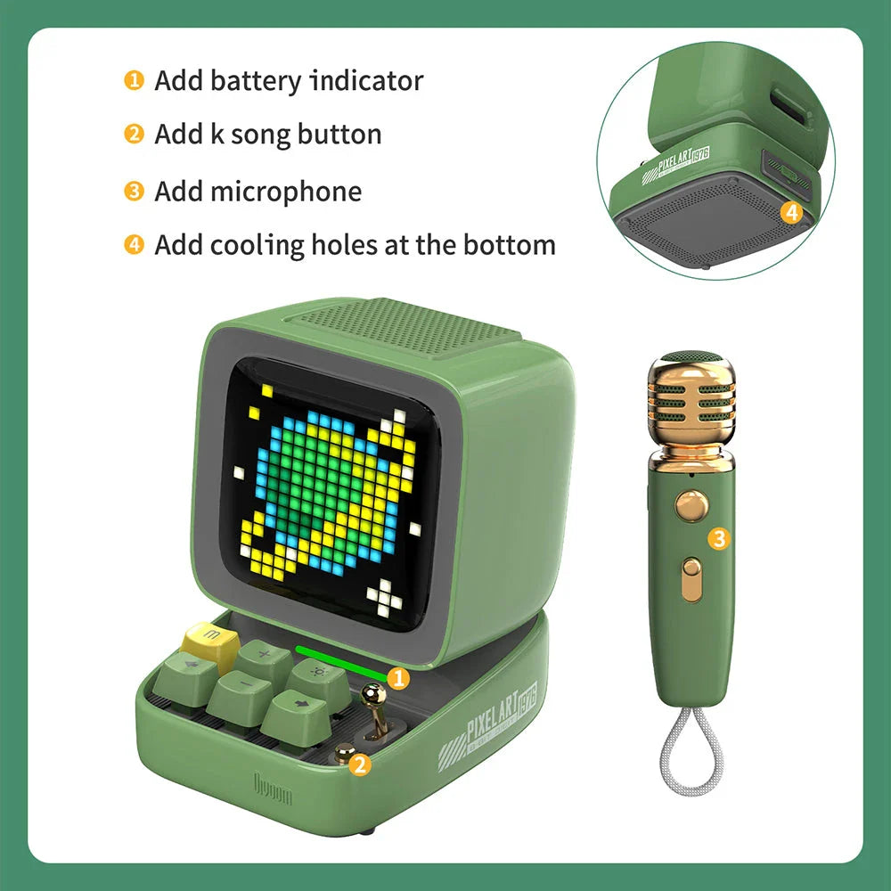 Ditoo-Mic Bluetooth Speaker with pixel art display, karaoke microphone, and retro design