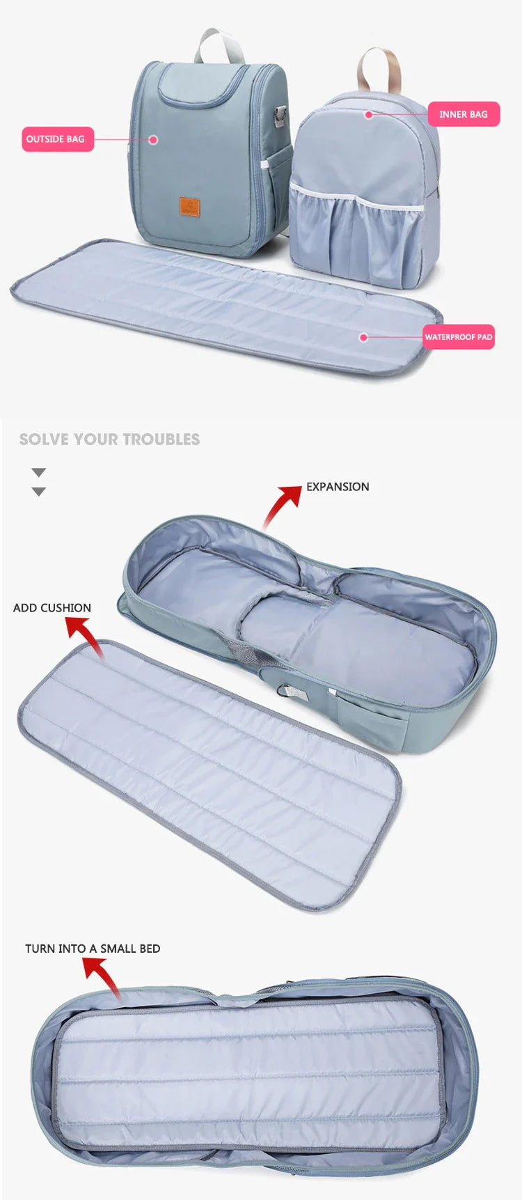 Versatile baby changing backpack with convertible crib bed, large storage capacity, and insulated feeding bottle compartment