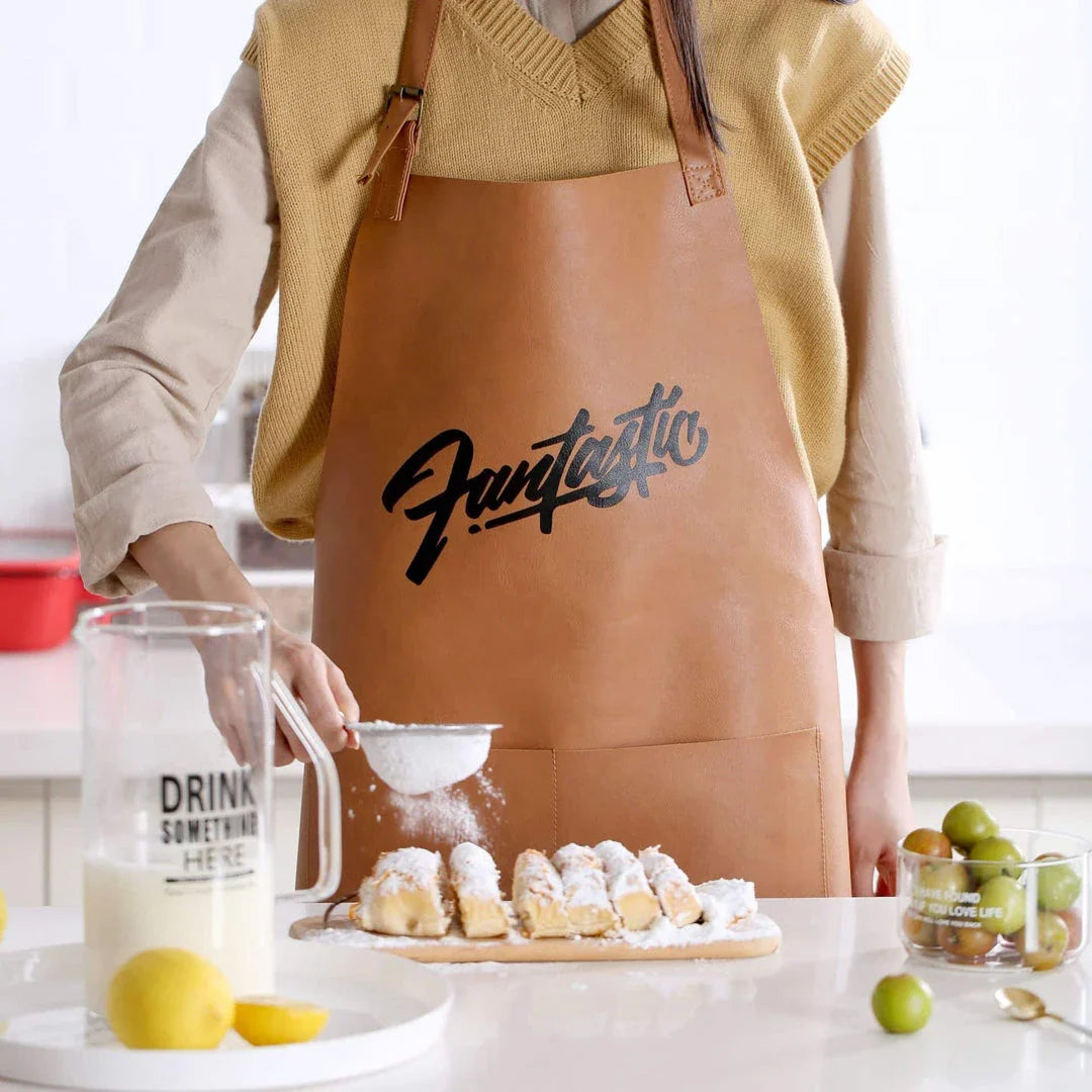 A premium leather apron with a stylish Nordic-inspired pattern, designed to protect your clothes while adding a touch of Scandinavian charm to your kitchen.