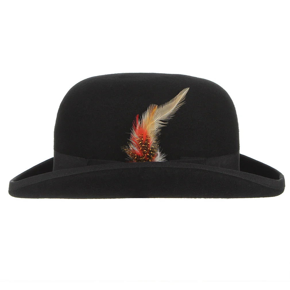 Timeless British Wool Bowler Hat with Delicate Feather Trim - Sophisticated and Elegant Headwear