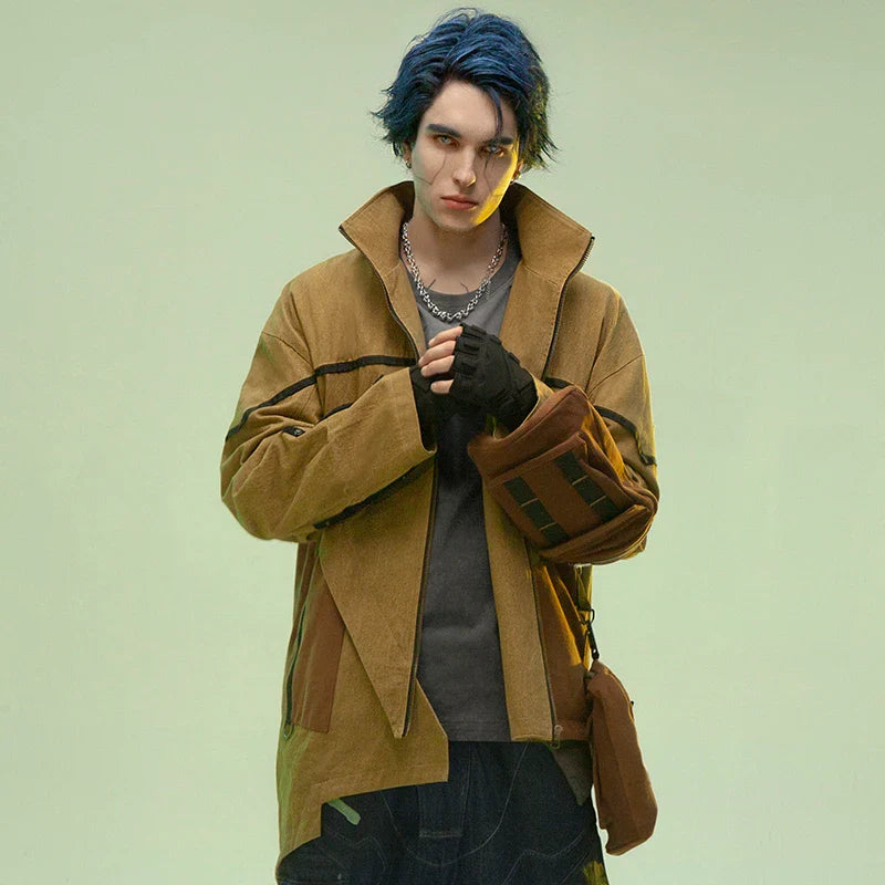 Asymmetric medium and long sandstone wind coat with premium cotton construction and adjustable stand collar for versatile British style