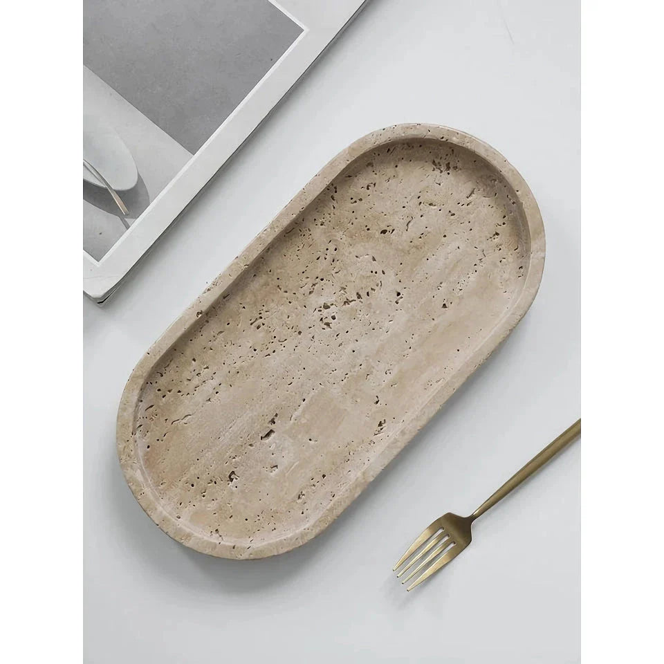 Handcrafted beige travertine marble tray with polished finish, versatile for use in vanity, kitchen, and around the home