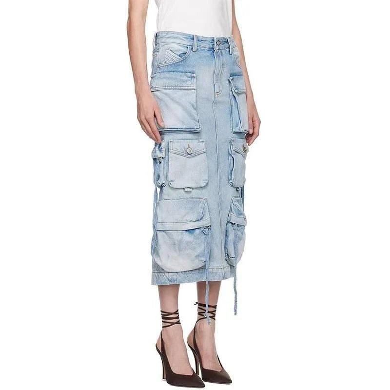 A high-waisted denim skirt with distressed detail and a ribbon slit, perfect for spring fashion