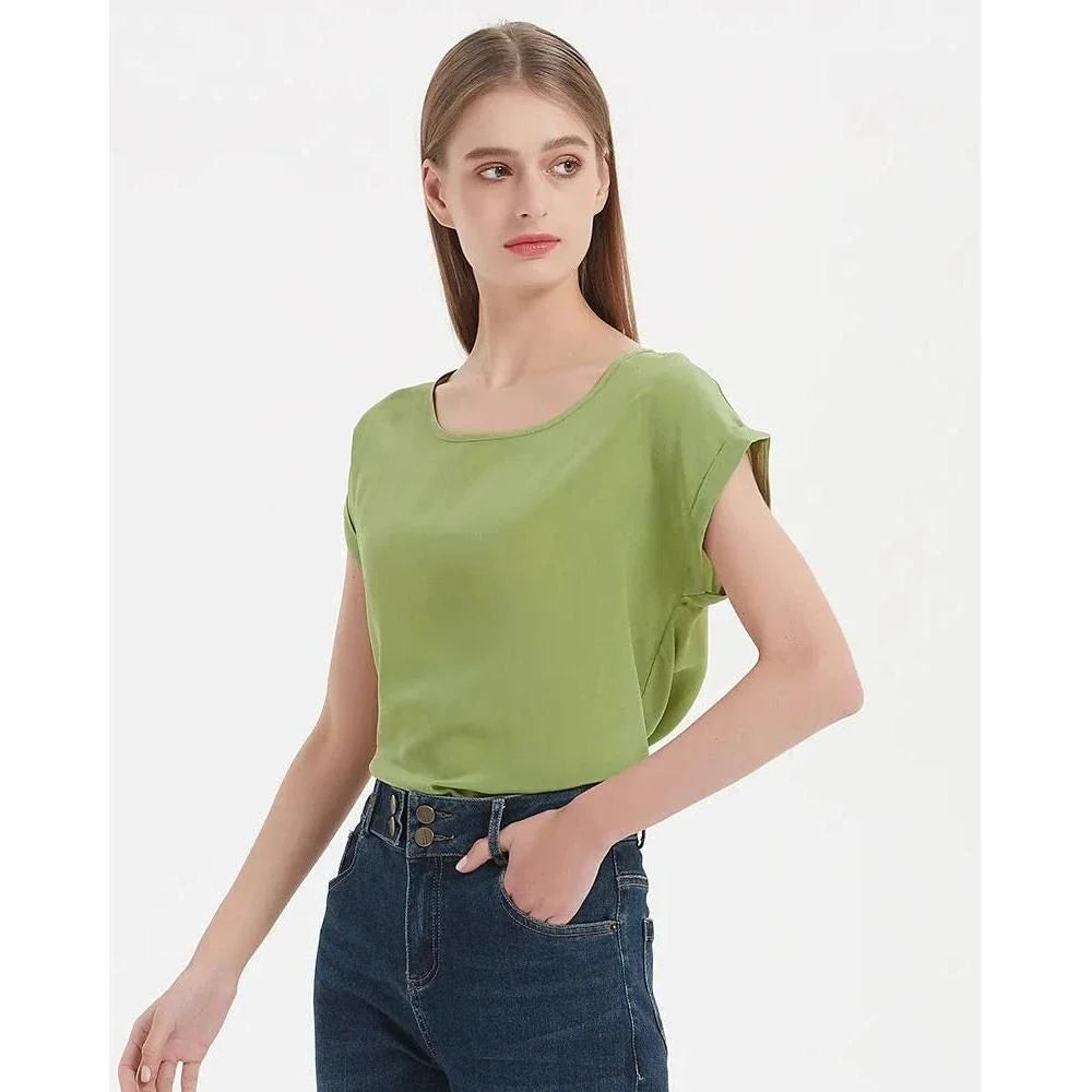 Elegant 100% Mulberry Silk Batwing Sleeve Tee in Black for Effortless Summer Style
